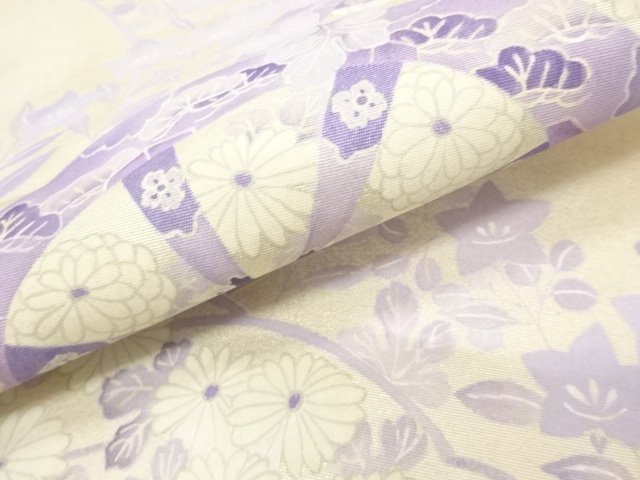  アンティーク　作家物　手描友禅　片輪車に草花模様袋帯（材料）